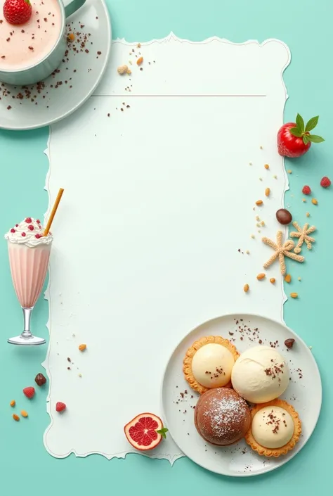 an image with a light turquoise background, organized like a restaurant menu with an image of an ice cream, de um milk shake e de um petit gateau