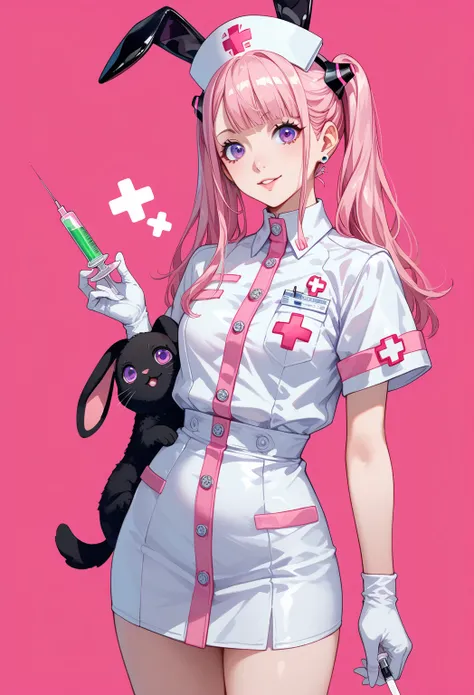    bottomless ， It&#39;s transparent， Black Rabbit ， Nipple Cover , Broad chest 、A cute pink nurse with purple eyes holding an electric syringe, in the style of anime, kawaii, pink background, pink and white uniform, cartoon elements, colorful, K-pop art, ...