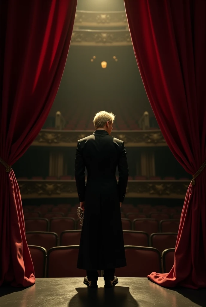 Imagine Victor, an enigmatic figure standing at the edge of a grand, dimly lit opera stage. The deep red velvet curtains behind him are mid-motion, slowly descending like the final act of an inevitable fate. The air is thick with a sense of closure, yet so...