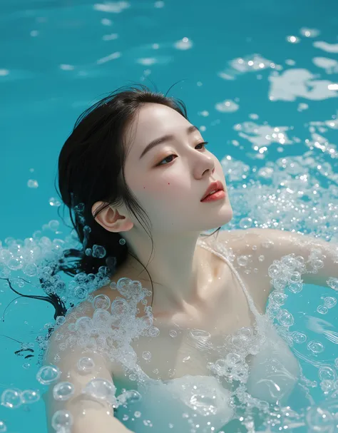 "HD, award-winning photo, a stunning 22-year-old Japanese cute  woman submerged in a crystal-clear pool, surrounded by countless floating bubbles. Her wet hair flows freely in the water, and her glistening skin reflects the soft, ambient light. The bubbles...
