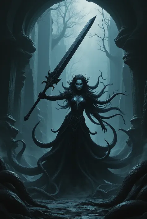 Feminine Tentacles, Dark Fantasy, Dark Atmosphere, lift the big sword, Hit the tip of the sword, The background is inside Hwaro's Castle, dynamic, shanhaiyishou, horror, nq