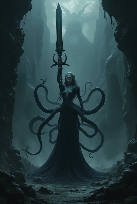 Feminine Tentacles, Dark Fantasy, Dark Atmosphere, lift the big sword, Hit the tip of the sword, The background is inside Hwaro's Castle, dynamic, shanhaiyishou, horror, nq