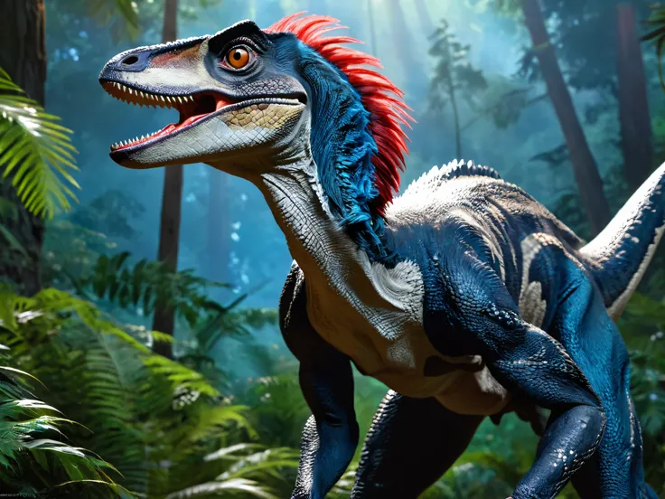 A hyper-realistic image of a velociraptor with feathers, in a hunting pose. The dinosaur color is darke green mixed with red and deep blue. It is agile and focused, with its body slightly crouched and its eyes locked on its prey. The background is a bright...