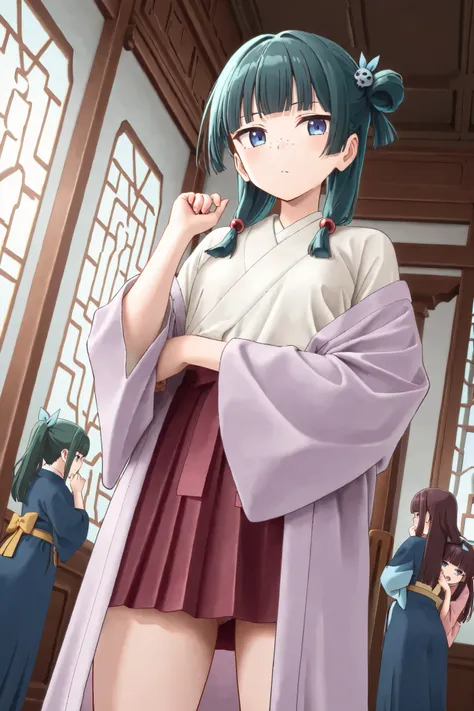 NSFW, Masterpiece, top quality, high resolution, very detailed,maomao、 long hair、bangs、 blue eyes、 hair ornament、 green hair、鈍いbangs、Freckles、 bun hair、 single bun, kimono、Robe、緑のRobe、 Long Sleeve、wide sleeve 、 skirt、赤い skirt,harem,Mansion, zitoida