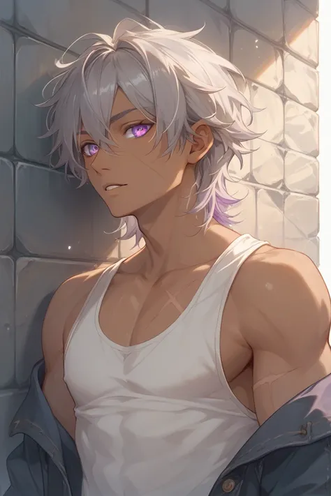 male、solo、( dark skin)、Gray Hair、[[ medium hair]]、 cardigan with hands、 tank top、 skinny、Scars on face、Purple Eyes、Mystical Eyes、 leaning against a wall 