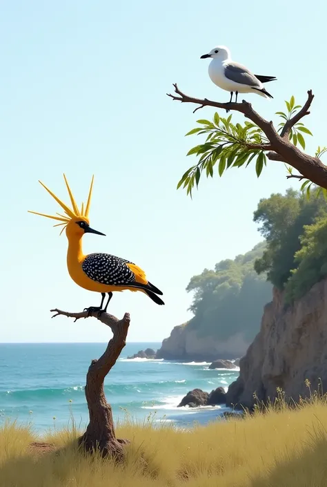 A distinctively crest-crested hoopoe perches on a tree branch in an open field, searching for insects in the soil. * A white-bellied gull perches on a tree branch on a rocky cliff overlooking the ocean, looking at the waves