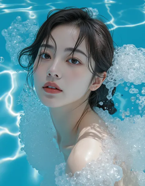 "HD, award-winning photo, a stunning 22-year-old Japanese cute woman submerged in a crystal-clear pool, surrounded by countless floating bubbles. Her wet hair flows freely in the water, and her glistening skin reflects the soft, ambient light. The bubbles...