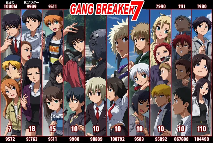 je veux un classement de personnage de l'affiche de l'anime gang breaker 7 en lettre Japonais. de 100 a 9999.