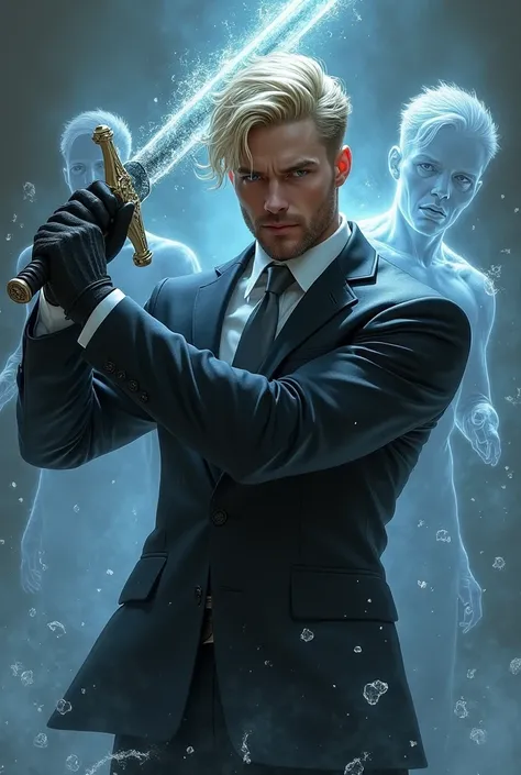 Handsome blond man with short beard dressed in a black suit wearing a white shirt and gray tie wielding a sword wrapped in water in combat posture fighting against ghosts