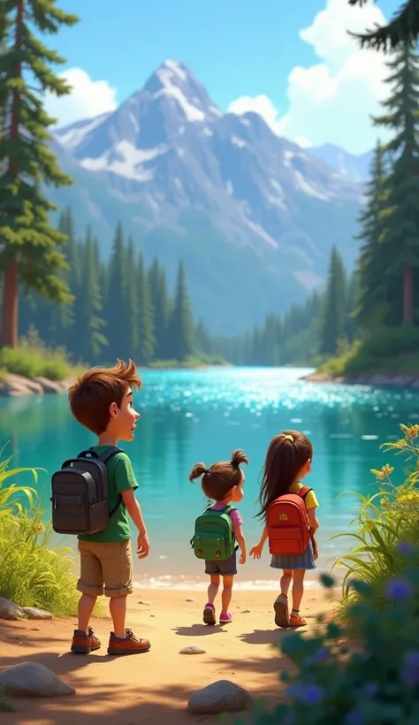 1. Friends arrive at the camp site
Prompt 1: Max, , boy, short brown hair, excited expression, wearing a green t-shirt and beige pants, carries a backpack while walking alongside Mia and Luna, who are also carrying backpacks. The trio observe a sparkling l...