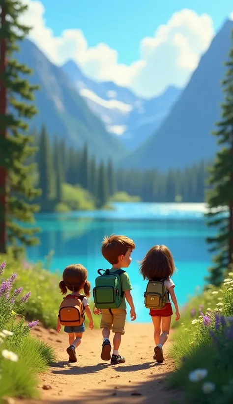 1. Friends arrive at the camp site
Prompt 1: Max, , boy, short brown hair, excited expression, wearing a green t-shirt and beige pants, carries a backpack while walking alongside Mia and Luna, who are also carrying backpacks. The trio observe a sparkling l...