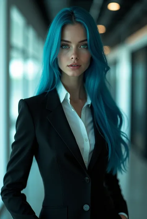 woman　blue hair green eyes long hair　 Business Suit 