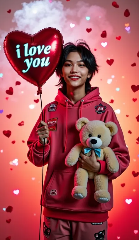 baby face Korean man with a modern shoulder length black mullet posing holding a heart shaped balloon and a teddy bear, fluffy black hair, side bangs, styled hair, cool Korean Idol hairstyle, fluffy mullet, cute young man posing with a balloon in one hand ...