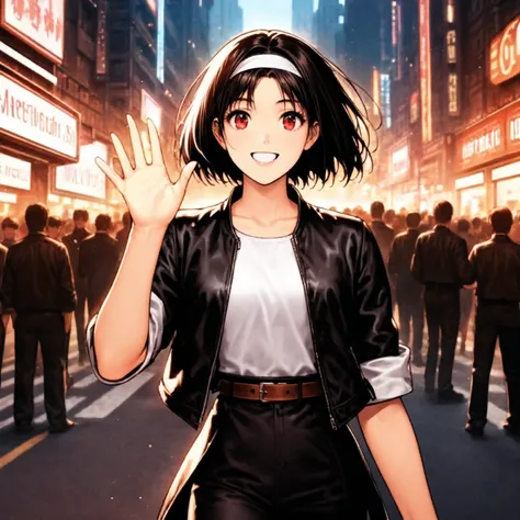 1 Japanese girl, (large eyes:1.0), light black hair, (cowboy shot:1.0), short cut, red eyes, brown skin, from front, waddling, smiling, happy, open mouth, ((waving with five fingers)), open jacket, ((black leather jacket with rolled up arms)), white T-shir...