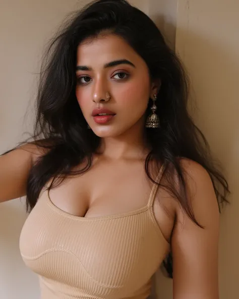 photo of indian girl having seductive facial expression and cleavage and look wide angle photo