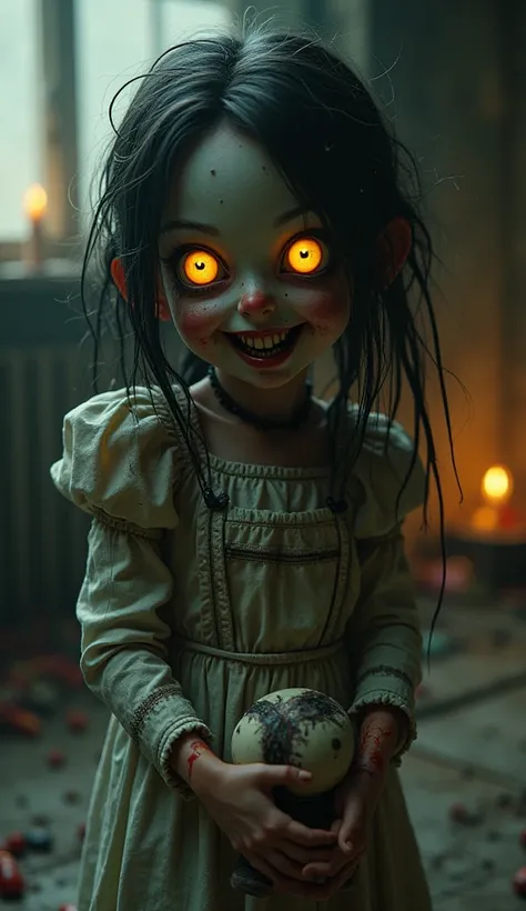 A nightmarish, dark fantasy 3D render of a young girl with an eerie doll-like appearance. Her wide, glassy eyes glow an unnatural yellow, reflecting a sinister light. Her once cheerful smile is now distorted into a terrifying grin, revealing sharp, jagged ...