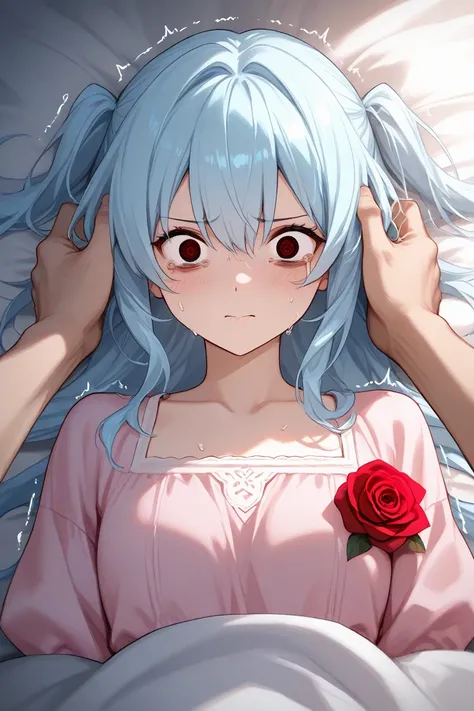 Anime girl with light blue hair， lying on the bed，CARESSED BY BOYFRIEND，Two people's faces rose red，Shaking in the eyes of a girl，The boys are smiling。