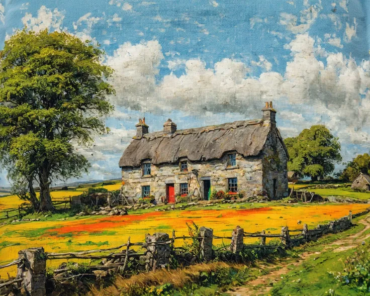 Oil sketch  ,  Of an Irish farm from 1876 ,   weak spots and artistic blur ,  yellow ,   Sky Blue  , red,  orange, green,   masterpiece, Detail, estilo Thorne.  high resolution sweatshirt, 