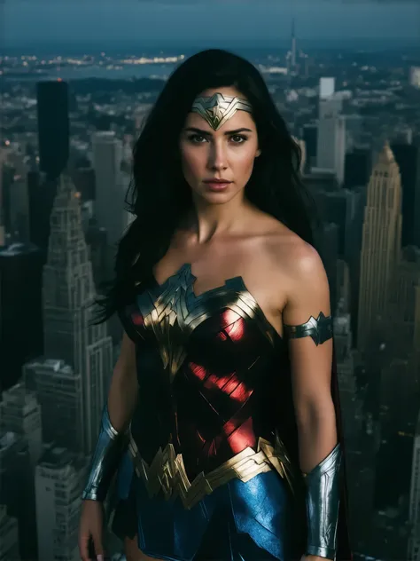 Wonder Woman, rooftop, cityscape background, sexy, seductive, high detail, masterpiece.