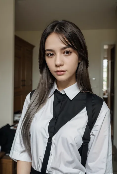 woman　pale skin, silver hair, gray eyes, long hair　uniform（black）