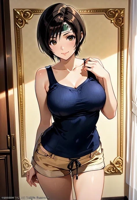 NSFW,masterpiece,best quality,official art,wallpaper,absurdres, beautiful detailed face,detailed texture,detailed skin,BREAK 1girl,Final Fantasy 7 Remake,source_FF7,Yuffie Kisaragi,black short hair,shirt,shorts,room