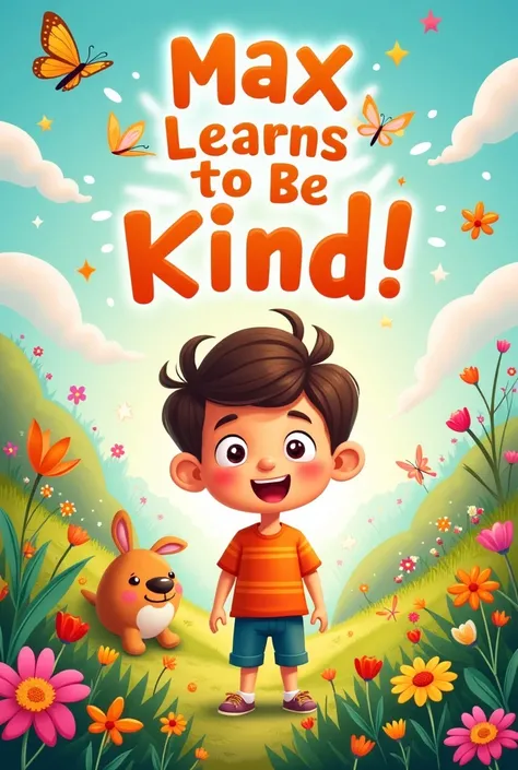 Make a cute and colorful book cover with a title ""Max Learns to Be Kind". Make it appealing for s.
