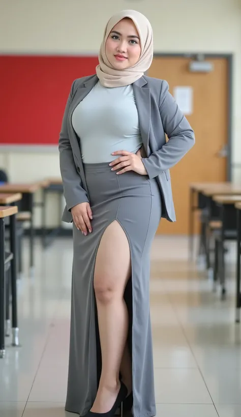  mature woman , Malaysian face , wearing a light cream sports hijab ,  wearing a long-sleeved closed blazzer shirt In gray and wears a long skirt with a long skirt cleavage on her thighs a shade of gray ,  and black high heels  . chubby body (( solid conta...