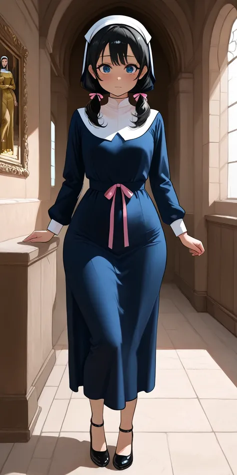 High-quality, high definition, 4k, extremely detailed, perfect anatomy, attractive young woman, (((Front view))), looking at viewer, (((dwarfism))), blue eyes, big butt, full body, sexy pink nun dress, short black hair, high-pigtails with pink ribbons, 