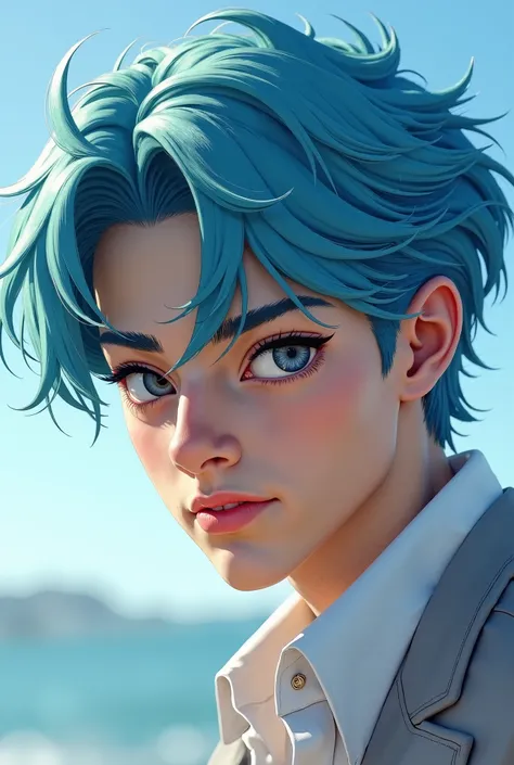 Handsome young character with light blue hair and sharp eyes.+Diagonal composition .