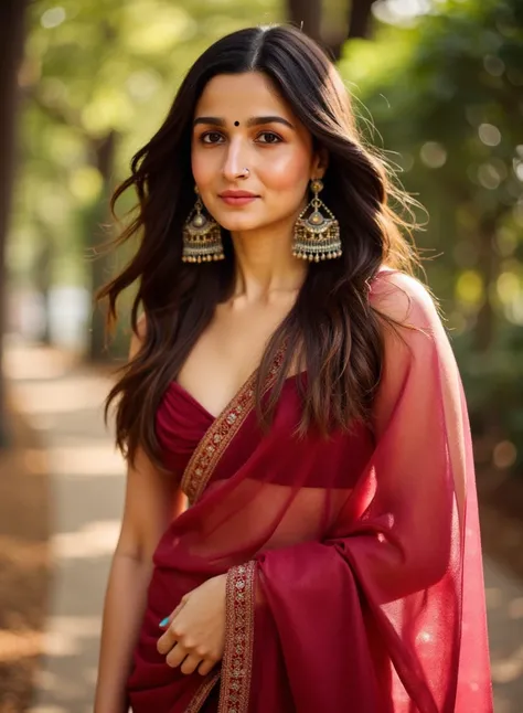 a beautiful indian actress alia bhatt in a red transparent saree, dark red blouse with deep cleavage, long flowing hair in the front, black bindhi, elaborate gold jhumka earrings, ultra-detailed, 8k, photorealistic, vivid colors, natural lighting, intricat...