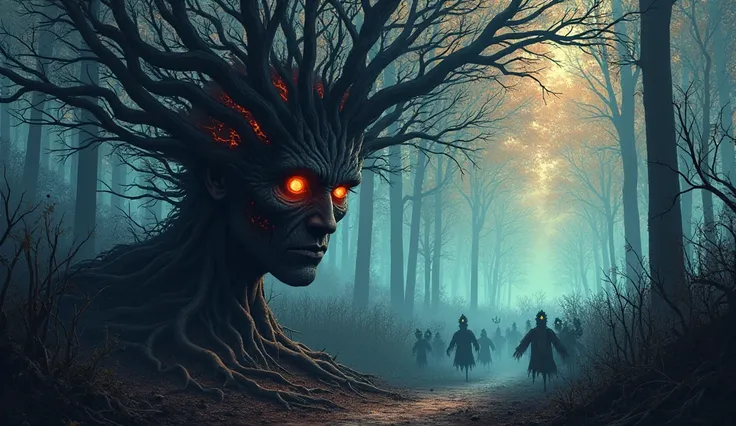 Create a psychedelic dark thumbnail of Dark Forest Trance music with a psychedelic face made of branches with lots of scarecrows dancing in a sinister cornfield