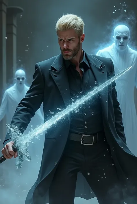 Handsome blond man with short beard dressed in a black suit wearing a white shirt and gray tie wielding a sword wrapped in ice in combat posture fighting against ghosts