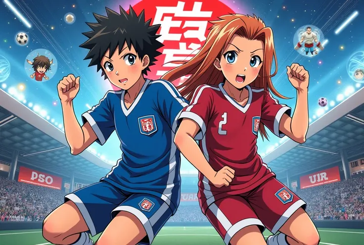 faite moi une cover magazine inazuma eleven storm focaliser sur mashi et yaru les  personnage principaux avec plein de reference japonais et figurines.