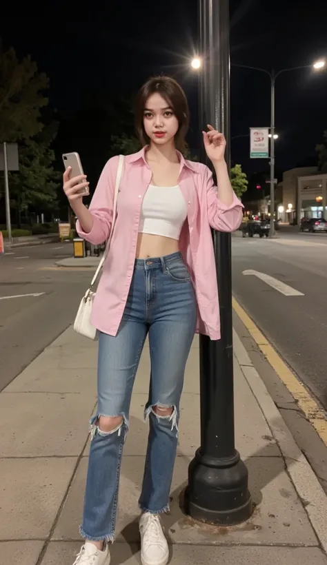 A woman stands and pose on the sidewalk, leaning on the street light pole while holding a smartphone, iPhone, wearing a pink shirt and white crop top, straight hair, straight and healthy hair, wearing a torn blue jeans, jeans, shoes  White sneakers, small ...