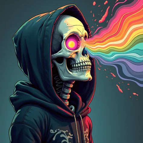 An illustration of retro skeleton with hoodie melting rainbow from his eyes