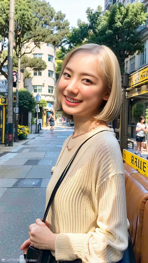 ( top quality, 16k,  Masterpiece,  super high resolution: 1.2), Photo Beautiful Japanese woman  , room,  Her shy smile is so beautiful:1.8、(( pale skin on a street car:1.5))，Beautiful Features, perfect figure,  curly short hair,  full body photo, Extra lar...