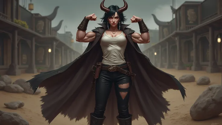  Create an image of a strong and stately woman ,  with a wide, muscular body ,  inspired by Karlach's appearance of  *Baldur's Gate 3*. she has white skin,  intense red eyes and short, well-groomed black hair ,  with earrings that complement her look .  Sh...