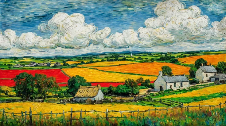 Oil sketch  ,  Of an Irish farm from 1876 ,   weak spots and artistic blur ,  yellow ,   Sky Blue  , red,  orange, green,   masterpiece, Detail, van gogh style.  high resolution sweatshirt, 