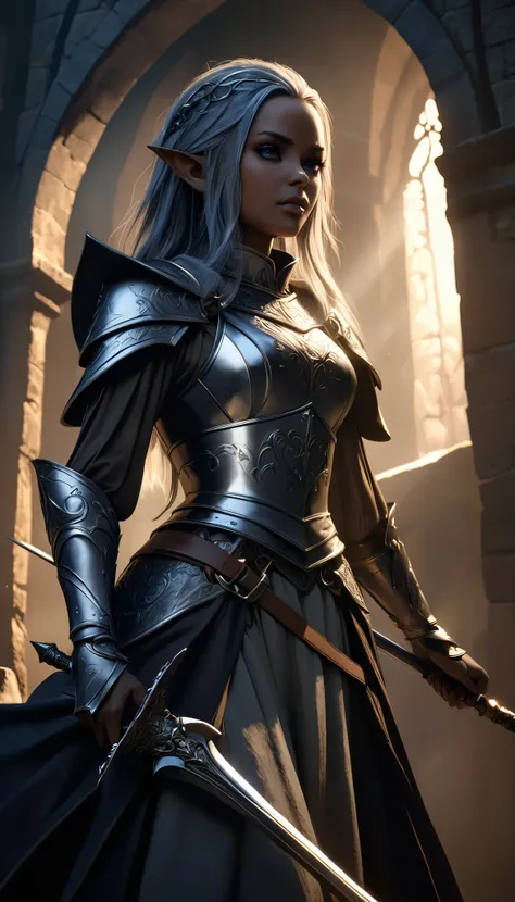 beautiful dark elf woman, holding a rapier, intricate details, highly realistic, dramatic lighting, cinematic, chiaroscuro, fantasy, detailed clothing and armor, volumetric fog, dramatic shadows, hyperrealistic, 8k, photorealistic, masterpiece, cinematic c...