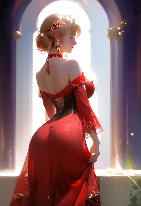 (Knight at a castle gala with a stunning female), (busty), tight dress, (modest), (fantasy dream), ((illustrious)), sultry hot beautiful female wearing a red sheer ball dress, masculine strong knight, romantic, red romance aesthetic, (knight hand on her up...