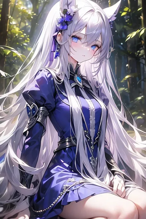 (( Silver Hair)),  detailed face and eyes , (  very long hair ,  straight hair),   jewelry, purple hair band ,  Masterpiece,  textured skin, ( Super Detail),   I arranged the  , ( top quality),  in the woods , tree々 Sunlight shining through, ( blue dress),...