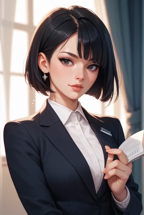 woman　Black hair, black eyes, bob cut　 Business Suit 