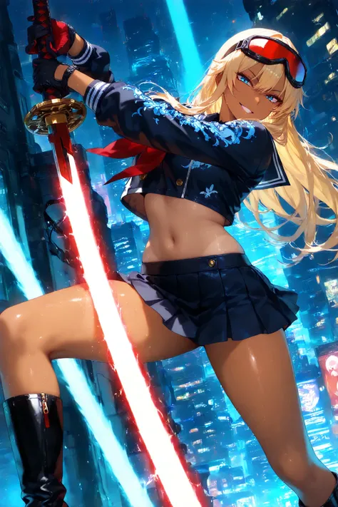 score_9, score_8_up, score_7_up, score_6_up, score_5_up, score_4_up,anime artwork masterpiece,best quality, unreal engine, ultra res, extremely detailed, One Girl,blonde hair,long hair,blue eyes,tan skin,biker goggles on head,black sailor suit,Red sailor s...