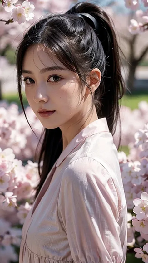 wearing a spring dress in soft pastel colors, such as pink or white, standing under a row of cherry blossom trees in full bloom,Close up face,masutepiece,The highest image quality, High quality, the background is clear,Beautiful woman, Japanese, Detailed, ...