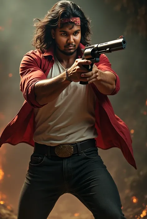 23 A Indian man hitting a Magnum revolver with one hand. Wearing black  jeans, a red jacket and a white T-shirt.