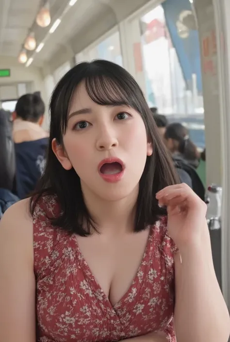   in a high-resolution photo of a Japanese female idol 、Leaning forward、Highlights the chest ,  alone,   in the seat,   straight long black hair off shoulder dress ,   in a Japanese-style room and the focus is on the face ,   face close-up ,   looking at t...