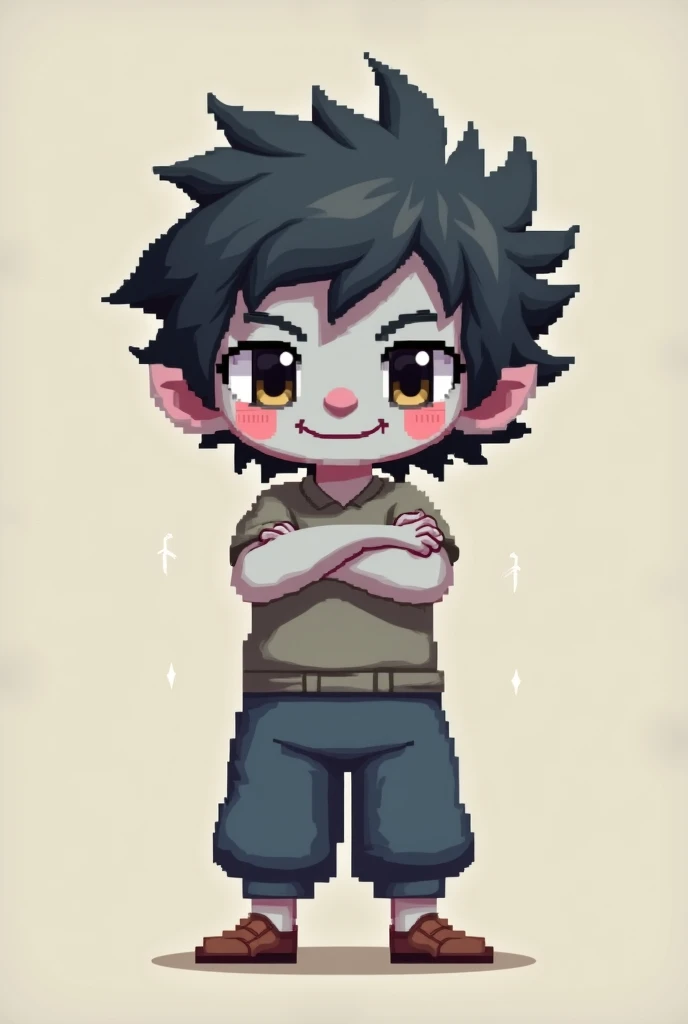 Grey-skinned boy ,  dark gray hair smiling,  with arms crossed , small,  in pixel art format 