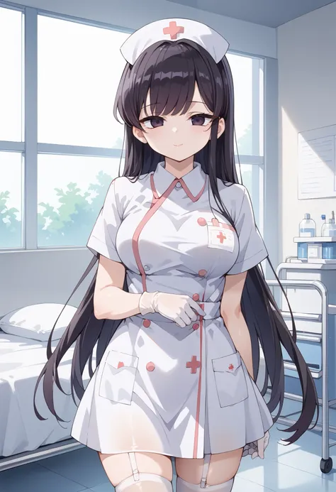 Score_9, score_8_up, score_7_up, source_anime, shouko komi, solo, long hair, bangs, black hair, black eyes, half-closed eyes, (best quality), (high quality), {masterpiece}, extremely delicate and beautiful, ultra-detailed, beautiful detailed eyes, nurse, n...