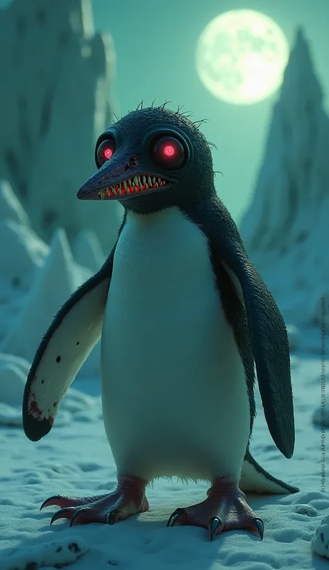 A terrifying, dark fantasy 3D render of a monstrous penguin with an eerie, ghostly presence. Its once-cute round eyes are now pitch-black voids, glowing faintly with an unnatural red light. Its beak is cracked and elongated, revealing jagged, needle-like t...