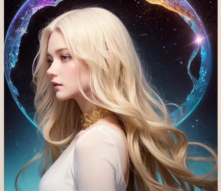   there is a woman with long blonde hair ,  statue inspired by Carlos Schwabe , Tumbler,  fantasy art, エthereal hair, A beautiful young spiritual being ,  detailed long white hair , long glowing エthereal hair, celestial beauty,  Please wear , with  long wh...